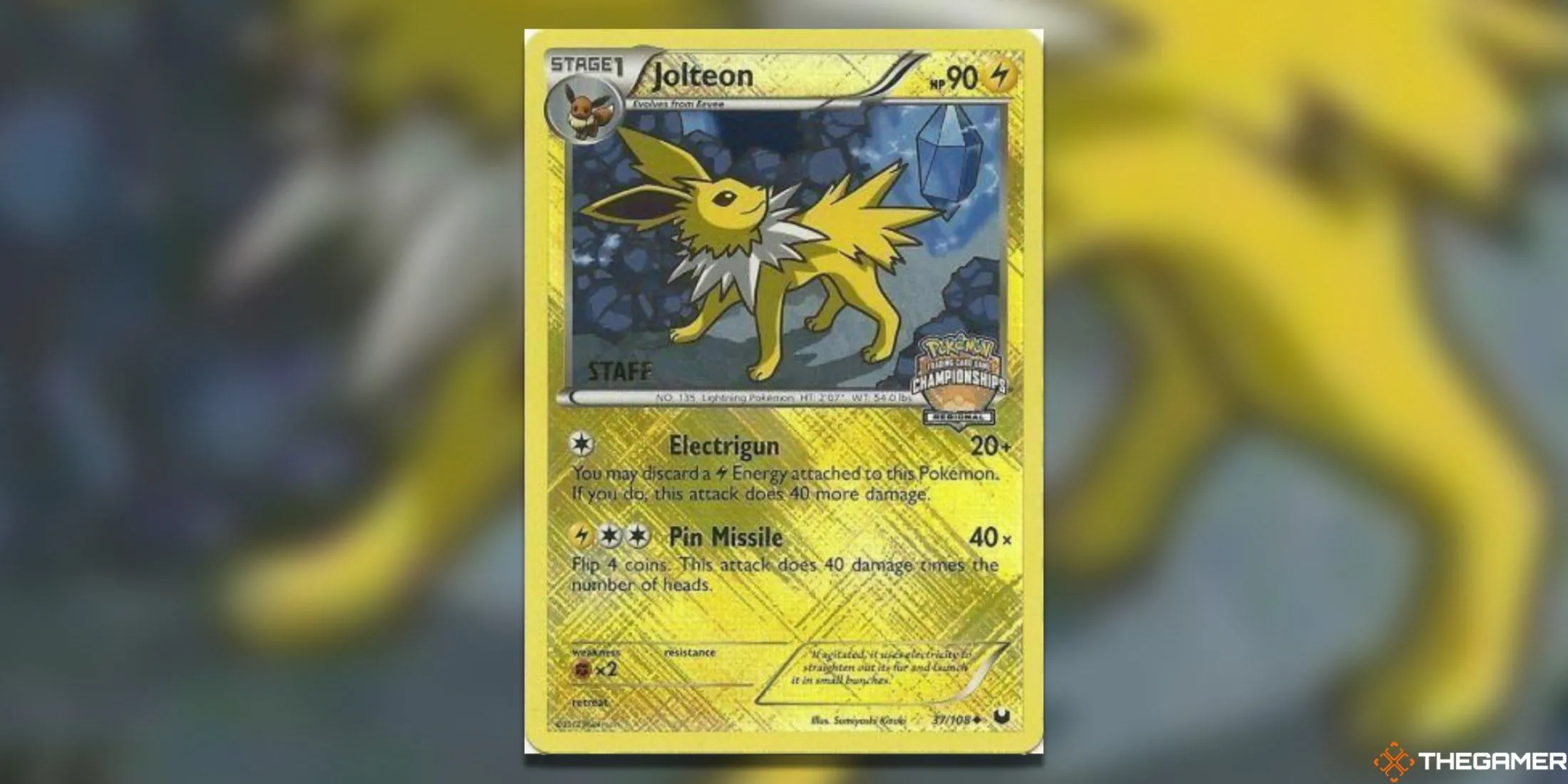 Thẻ bài Pokémon TCG Jolteon 37/108 Staff promo, minh họa một trong những Eeveelution được yêu thích nhất.