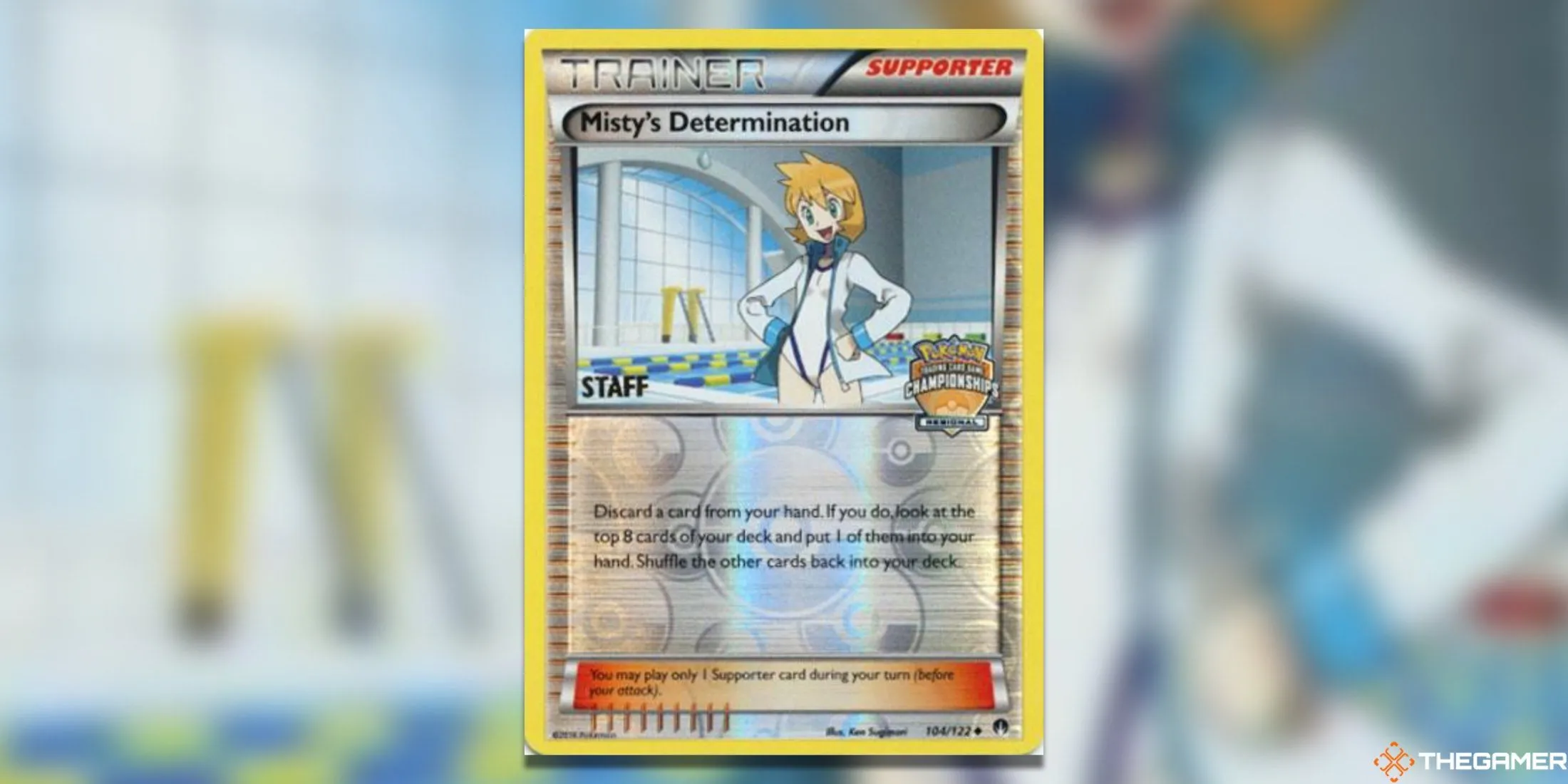 Thẻ bài Pokémon TCG Misty's Determination 104/122 Staff promo, miêu tả Misty trong phong thái điềm tĩnh.