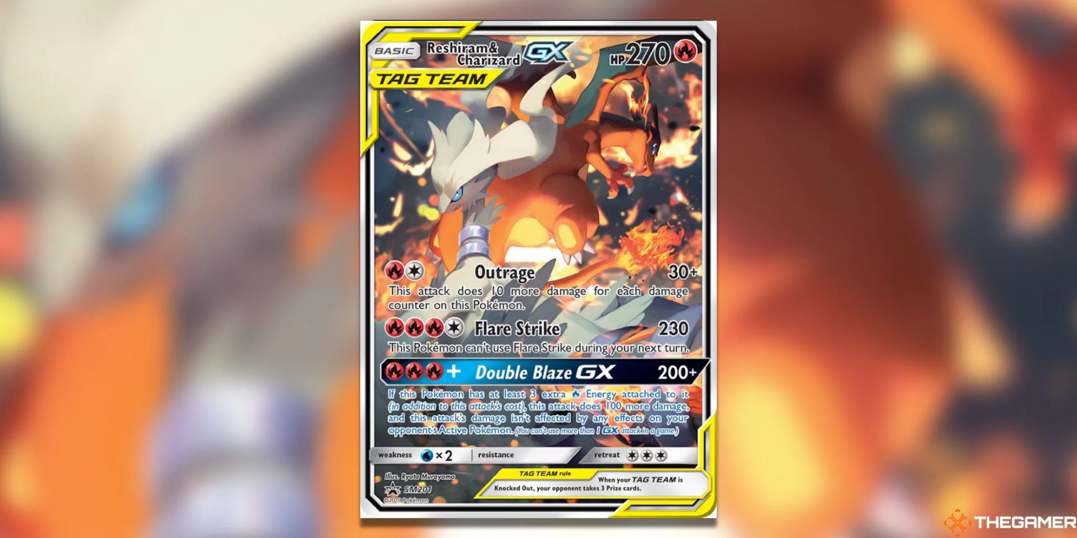 Thẻ bài Reshiram &amp; Charizard GX (Full Art Promo) từ bộ SM Promos trong Pokémon TCG.