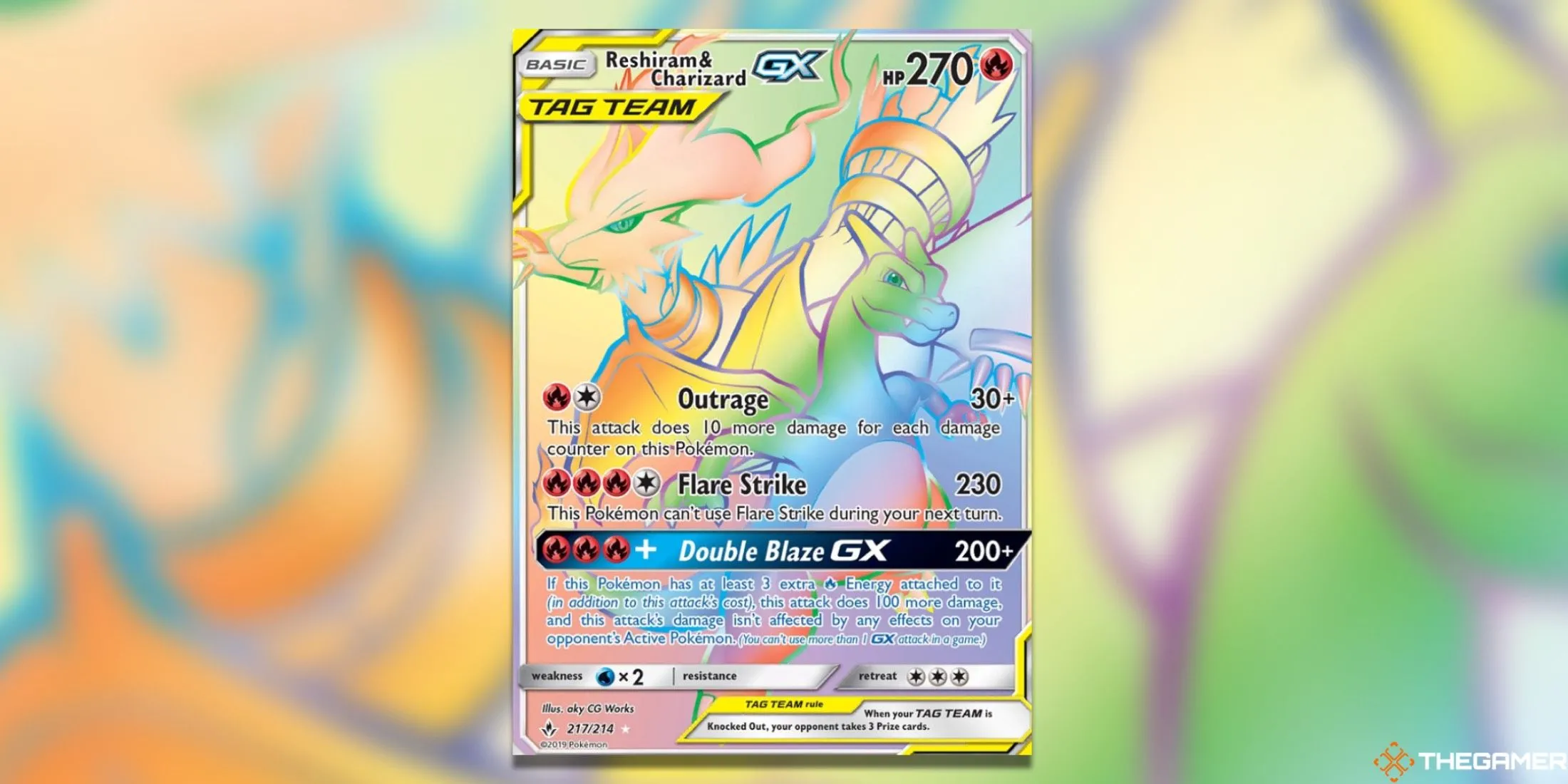 Thẻ bài Reshiram &amp; Charizard GX (Secret Rare) từ bộ Unbroken Bonds trong Pokémon TCG.