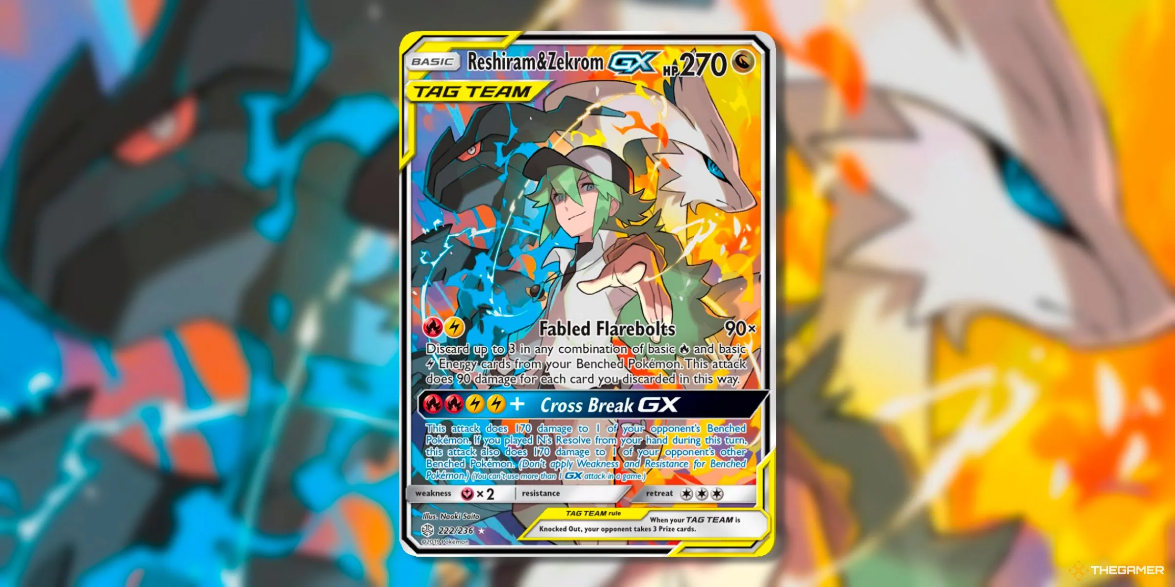 Thẻ bài Reshiram &amp; Zekrom GX (Full Art) từ bộ Cosmic Eclipse trong Pokémon TCG, với sự xuất hiện của N.