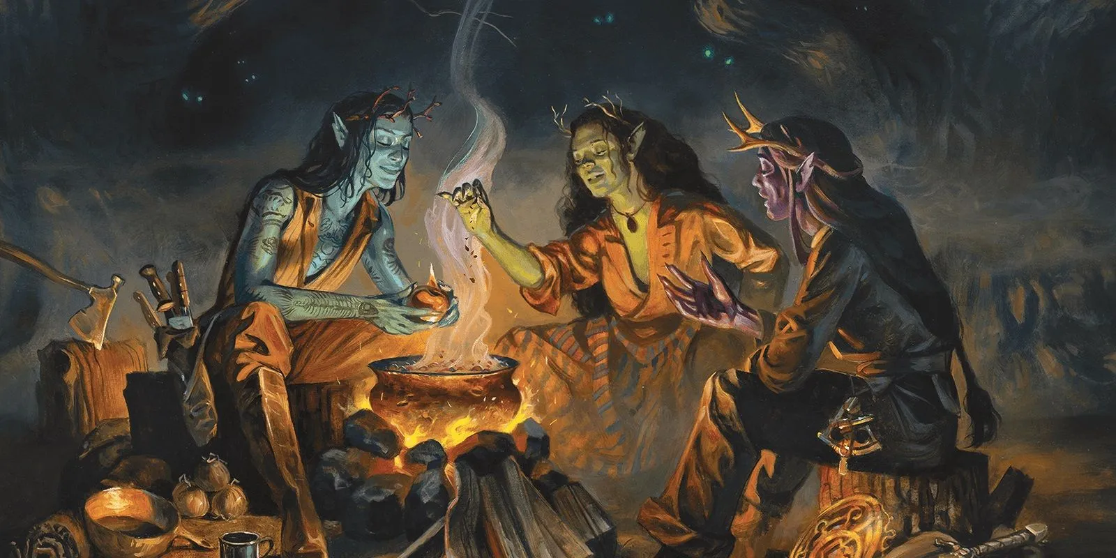 Three hags cackle around a cauldron from Dungeons &amp; Dragons, Van Richten's Guide To Ravenloft Art via Wizards of the Coast