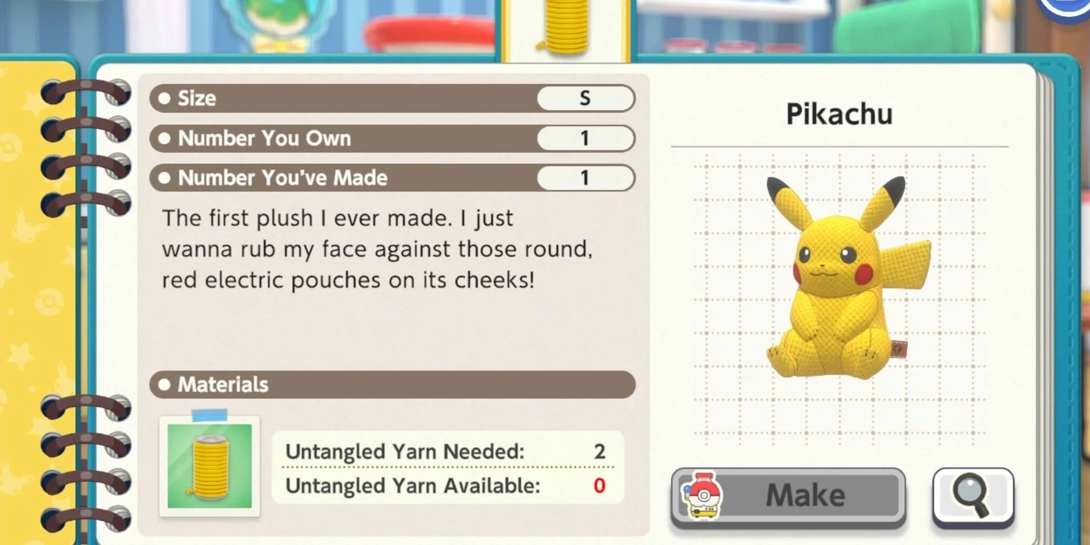 Thú bông Pikachu đáng yêu được tạo ra từ Plush-O-Matic trong Pokemon Friends, minh họa thành phẩm.