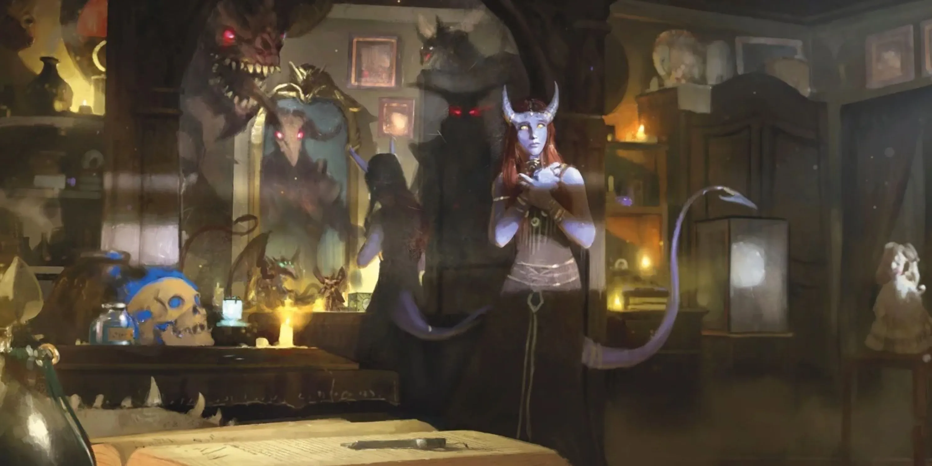 Tiefling stands in a room filled with curious, sinister shadows shifting in background by Paul Scott Canavan