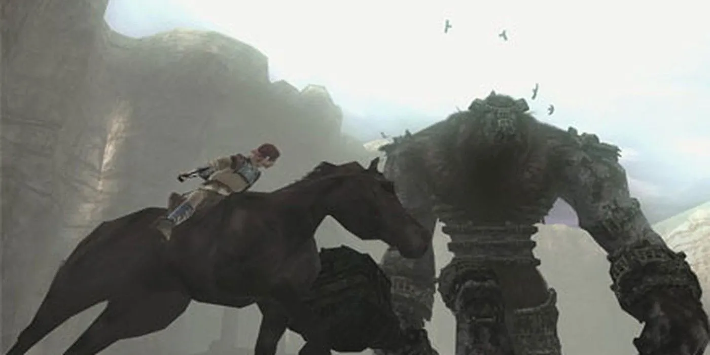Tiếp cận một con boss khổng lồ trên lưng ngựa trong Shadow of the Colossus, cho thấy tầm nhìn xa