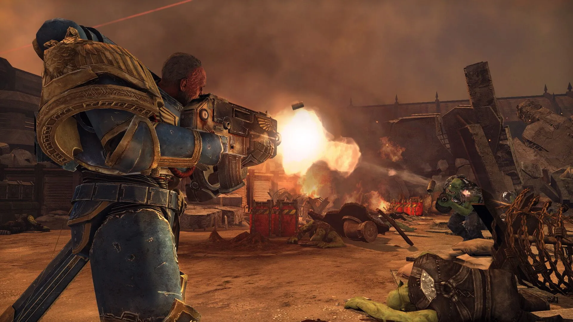 Tiêu diệt quân đoàn Ork bằng súng trong Warhammer 40,000: Space Marine - Master Crafted Edition, thể hiện lối chơi bắn súng máu lửa