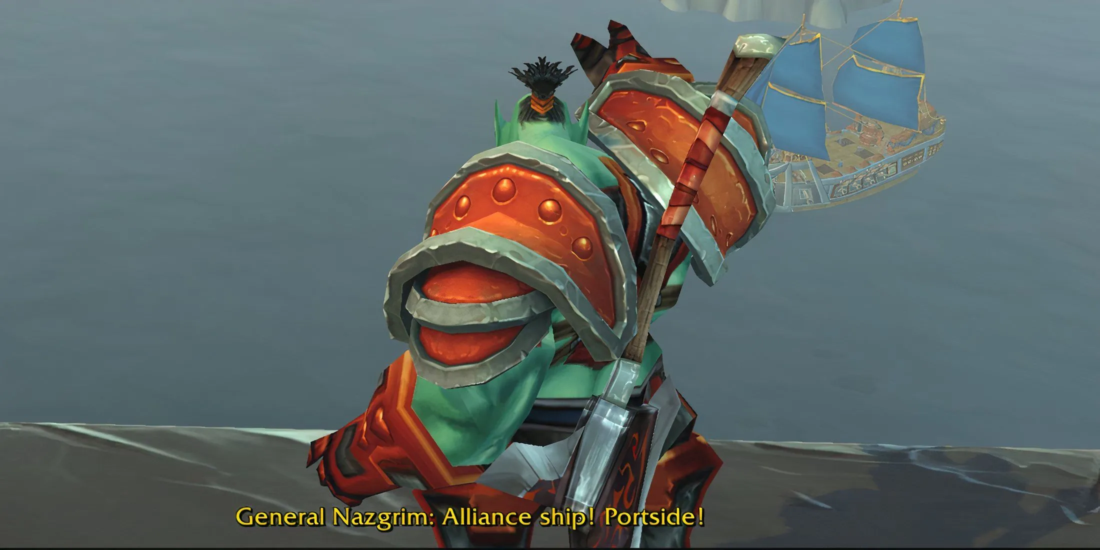 Tổng Tư lệnh Nazgrim của phe Horde đang chỉ đạo trên chiến hạm trong World of Warcraft Mists of Pandaria