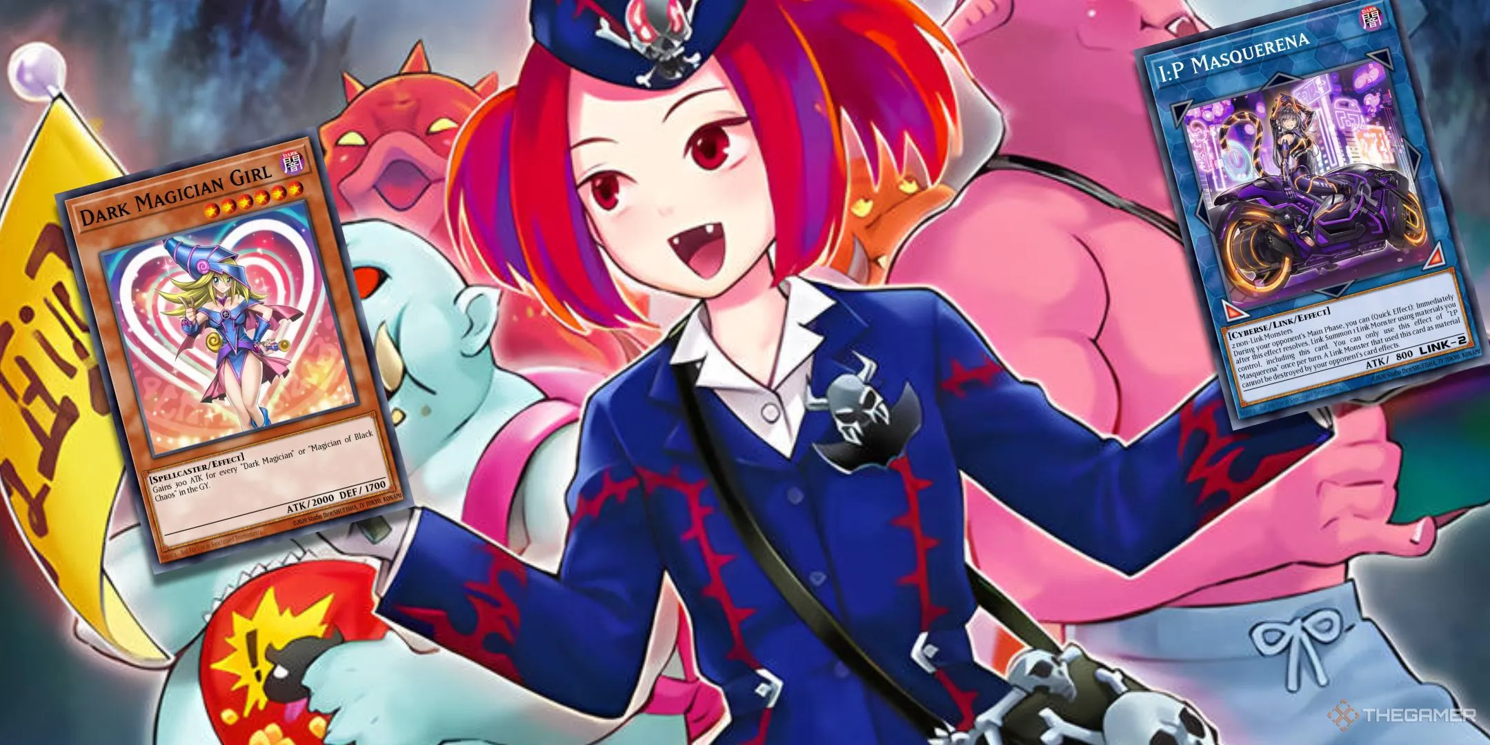 Tour Guide from the Underworld cầm hai lá bài Yu-Gi-Oh! TCG với artwork thay thế, minh họa sự kiểm duyệt artwork trong game.
