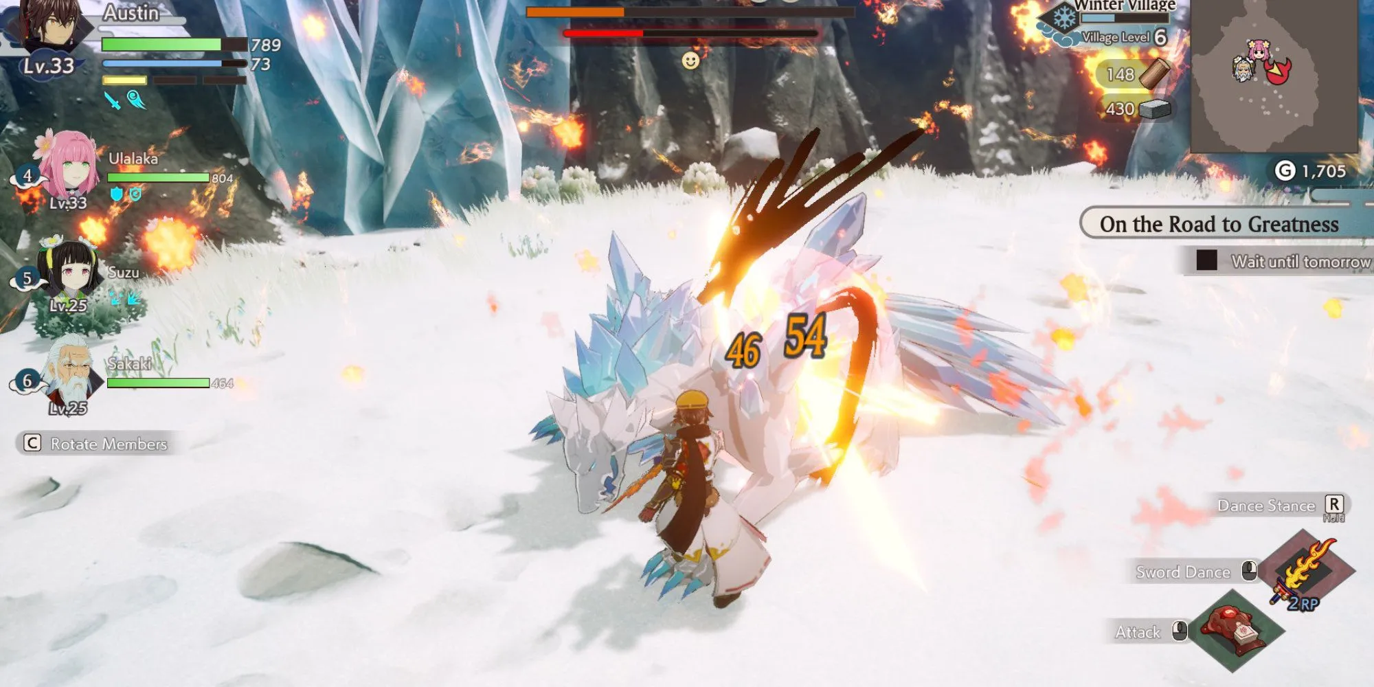 Trận chiến giữa nhân vật người chơi và boss Sói Trắng (White Wolf) trong Rune Factory Guardians of Azuma