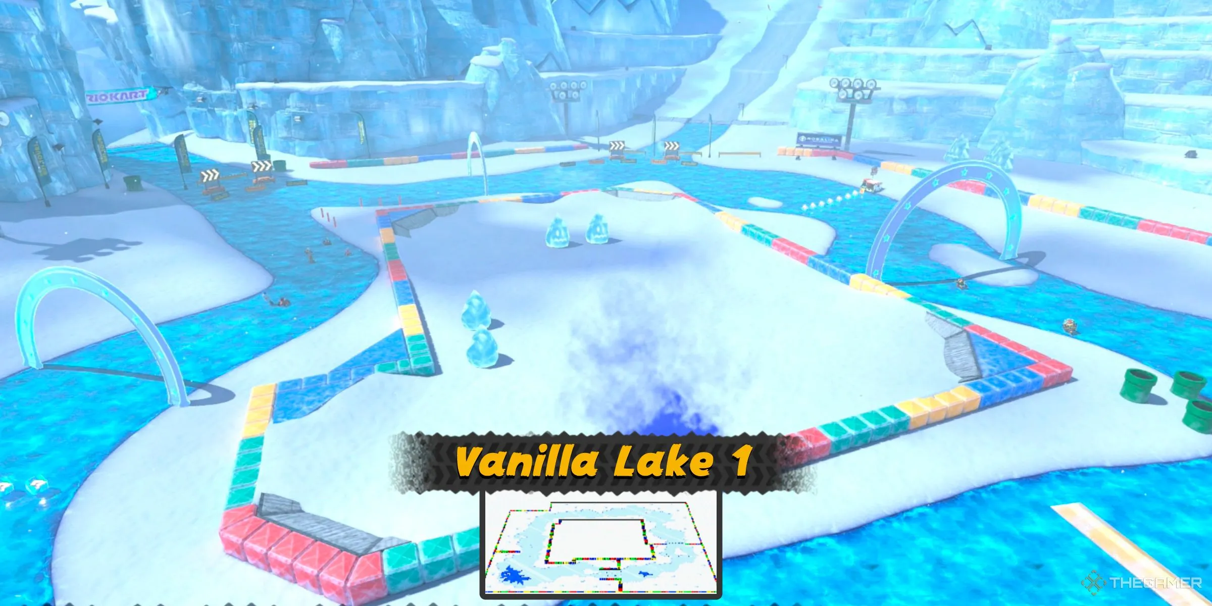 Vanilla Lake 1 từ Super Mario Kart được tái hiện trong thế giới Free Roam của Mario Kart World, gần Sky-High Sundae, gợi nhớ ký ức.