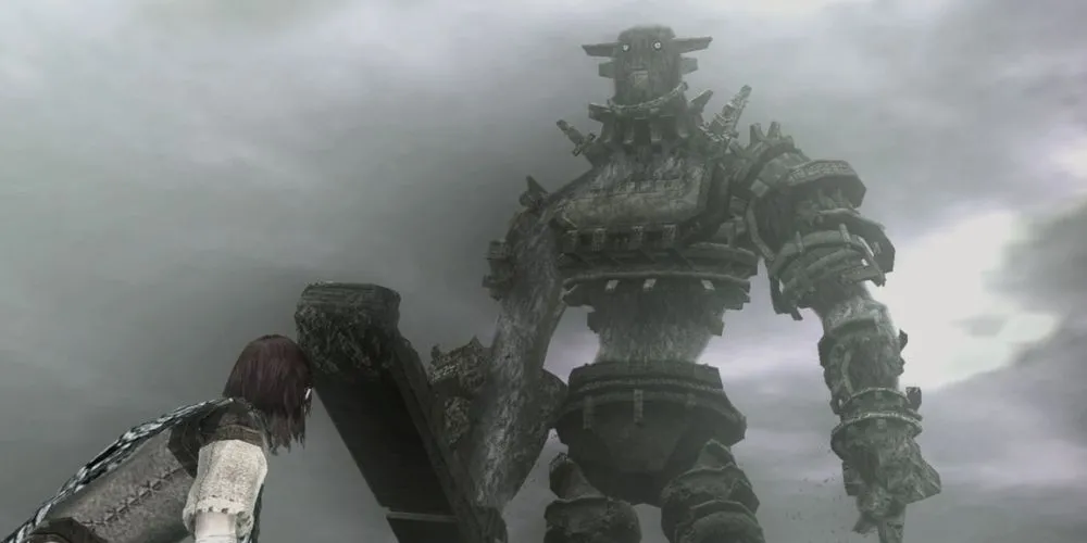 Wander chống lại Colossus thứ ba, minh họa khả năng tối ưu hiệu suất trên PS2